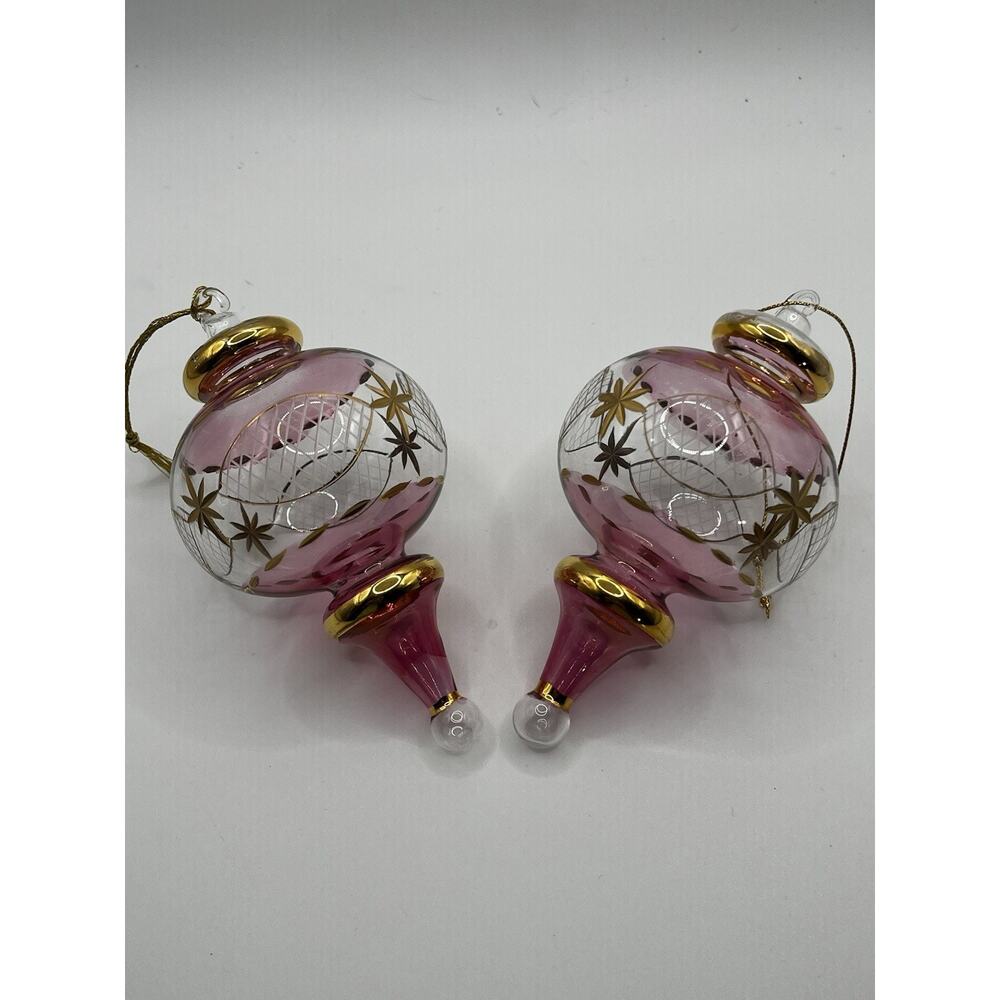 Hand Blown Cut Glass Ornaments Cranberry Pink & Clear With Gold Etched Trim PAIR